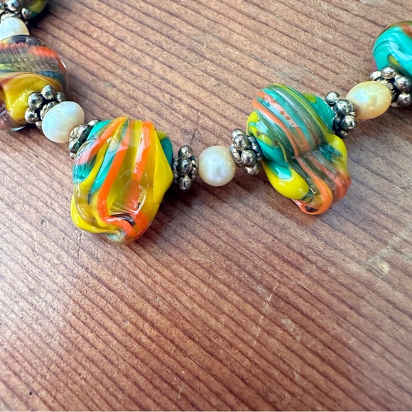 Golden Pearl & Italian Colorful Glass Beads Short Necklace Handmade OOAK - Picture 8 of 15